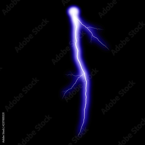  Isolated realistic violet electrical lightning strike visual effect on black night background. Energy change.  © artistmef