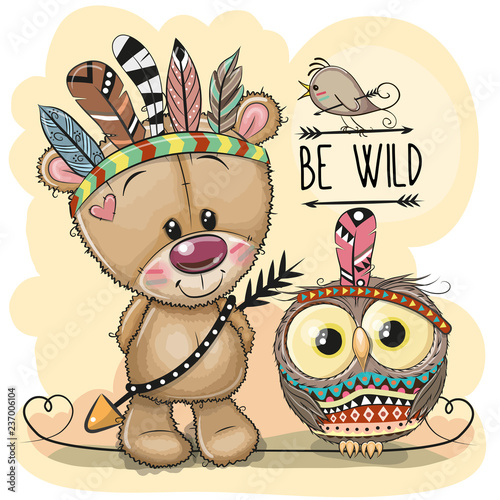 Cute tribal Teddy Bear and owl with feathers