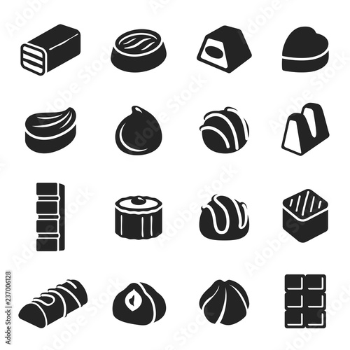 Chocolate candy confectionery assortment black icon set