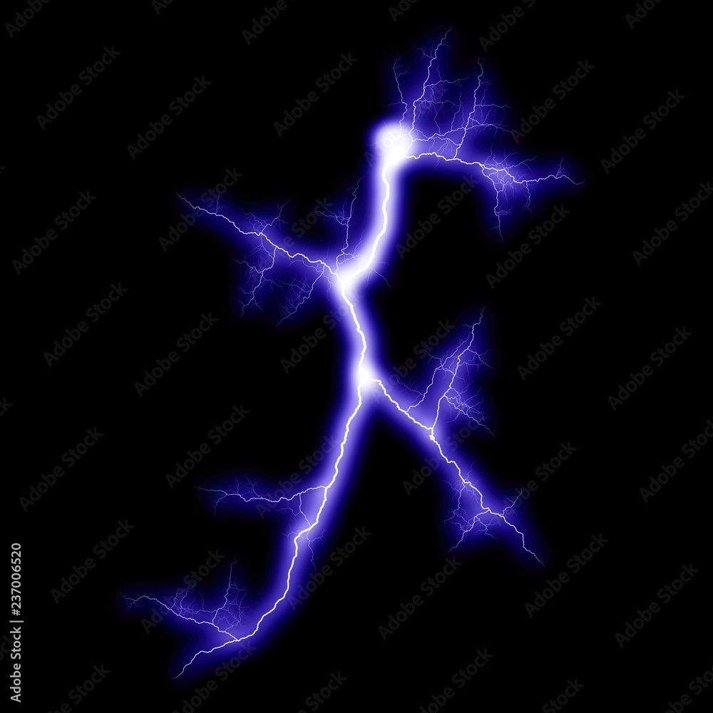  Isolated realistic violet electrical lightning strike visual effect on black night background. Energy change. 