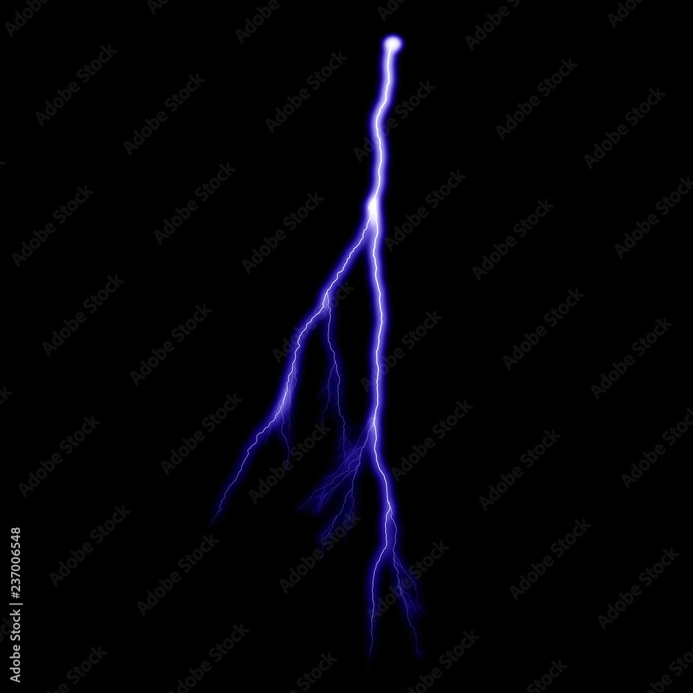 Isolated realistic violet electrical lightning strike visual effect on black night background. Energy change. Isolated realistic violet electrical lightning strike visual effect on black night background. Energy change.