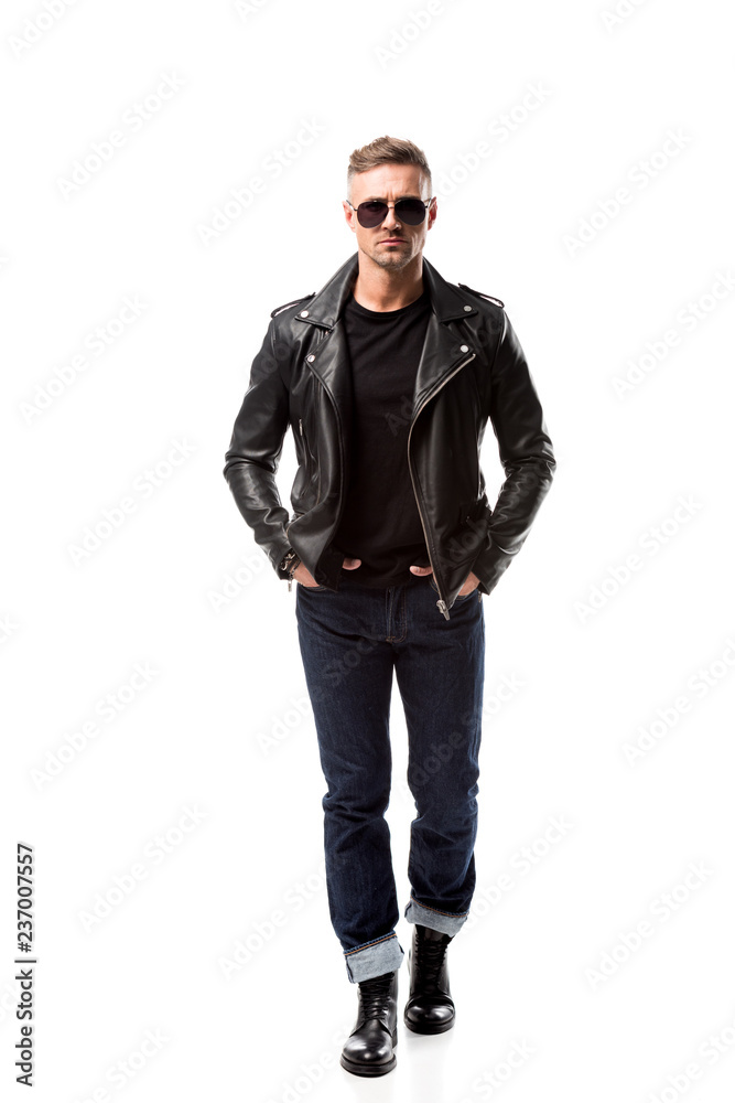 stylish adult man in leather jacket with hands in pockets isolated on white stylish adult man in leather jacket with hands in pockets isolated on white