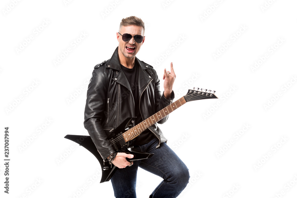 excited adult man in leather jacket holding electric guitar and showing rock sign isolated on white excited adult man in leather jacket holding electric guitar and showing rock sign isolated on white