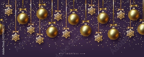 Christmas ultraviolet seamless border with realistic golden balls and snowflakes