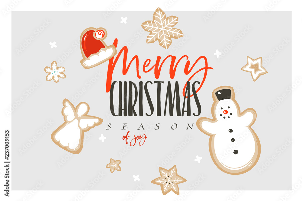 Hand drawn vector abstract fun Merry Christmas and Happy New Year time cartoon illustration greeting card with gingerbread cookies and Merry Christmas text isolated on white background