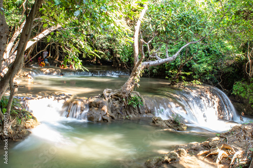 Fototapeta Naklejka Na Ścianę i Meble -  Waterfall flowing from the mountains at Huay Mae khamin waterfall National Park ,Kanchana buri in Thailand.