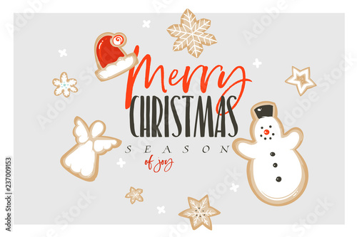 Hand drawn vector abstract fun Merry Christmas and Happy New Year time cartoon illustration greeting card with gingerbread cookies and Merry Christmas text isolated on white background