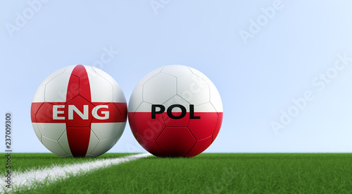 England vs. Poland Soccer Match - Soccer balls in England and Poland national colors on a soccer field. Copy space on the right side - 3D Rendering