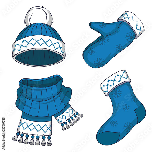 Set of winter clothes isolated on white background. New Year's fashion holiday. Seasonal winter clothes. Christmas fashion celebration. Winter warm clothes for cold weather, knit wear