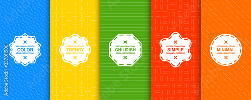 Set of bright vector seamless geometric patterns - minimalistic design. Colorful stylish backgrounds with thin striped texture