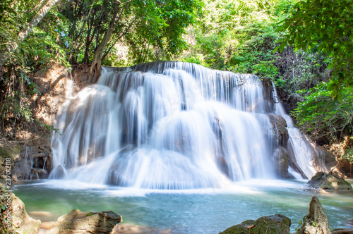 Waterfall flowing from the mountains at Huay Mae khamin waterfall National Park  Kanchana buri in Thailand.