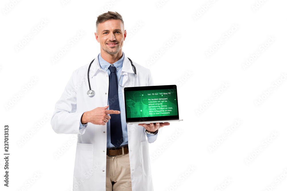 handsome doctor pointing at laptop with health data on screen isolated on white handsome doctor pointing at laptop with health data on screen isolated on white