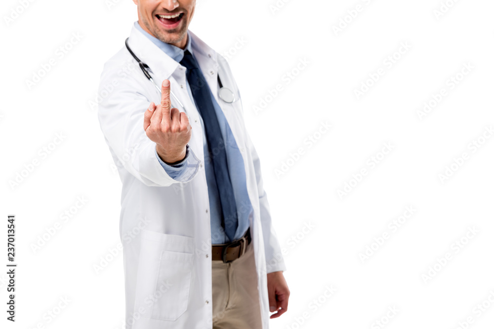 cropped view of doctor showing middle finger isolated on white cropped view of doctor showing middle finger isolated on white