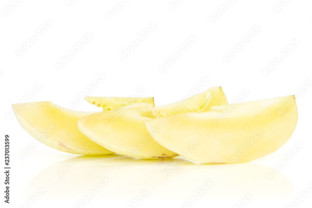 Group of three slices of fresh striped pepino melon isolated on white background Group of three slices of fresh striped pepino melon isolated on white background