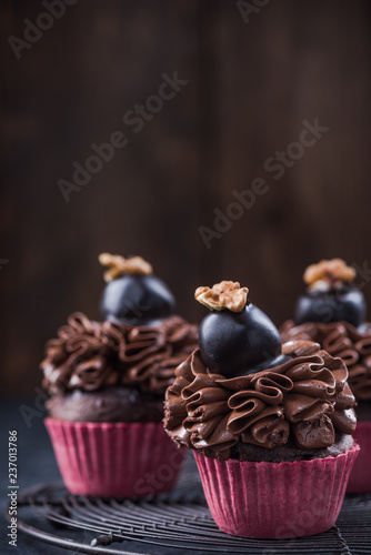 Dark chocolate cupcake, copy space background