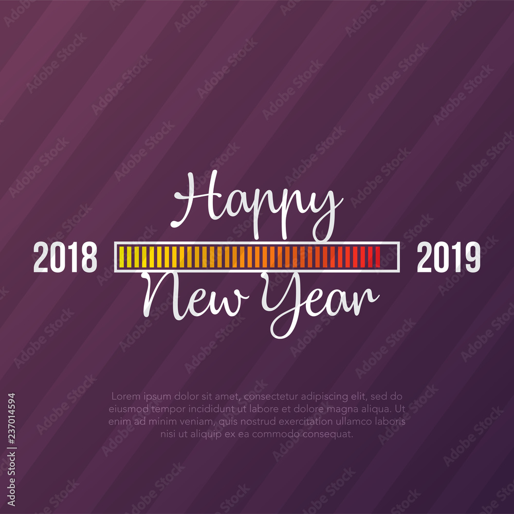 Happy New Year 2019 card theme. yellow loading time button on diagonal magenta strip background