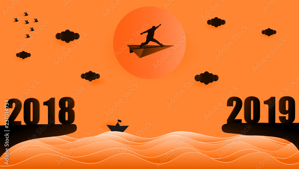 Vector illustration graphic design silhouette of business man sitting on the paper plane flying from year 2018 to year 2019 over sunset at the sea, paper art style concept for 2019 new year.