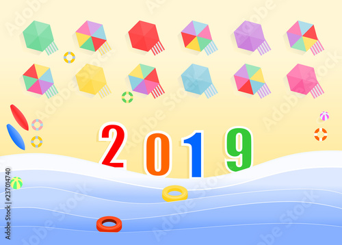 Top view of the 2019 numbers in the beach with swimmers equipment ,cribs and sunshades for tourists, illustration vector design for holiday and new year.