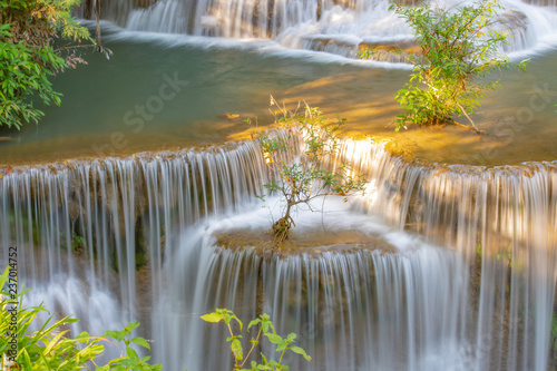 Waterfall flowing from the mountains at Huay Mae khamin waterfall National Park ,Kanchana buri in Thailand.