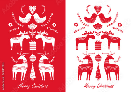 Set of Christmas hand drawn greeting cards in Scandinavian styl