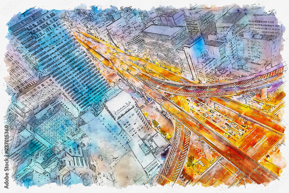 Fototapeta Aerial view of a massive highway intersection in Osaka, Japan watercolor painting