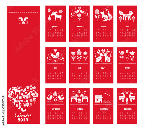 Hand drawn calendar 2019 year in Scandinavian style