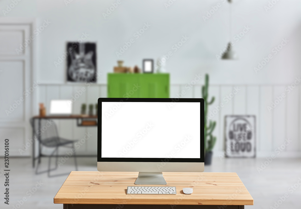 custom made wallpaper toronto digitalDesktop on the wooden desk, close up screen, white living room background.