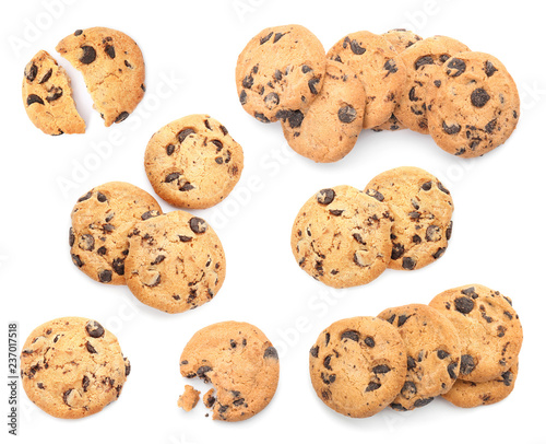 Set of chocolate chip cookies on white background, top view