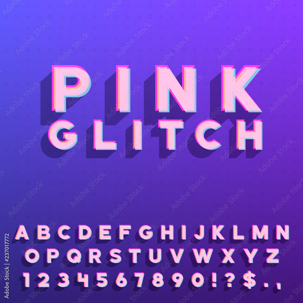 Pink colored glitch letters set with numerals and some punctuation symbols