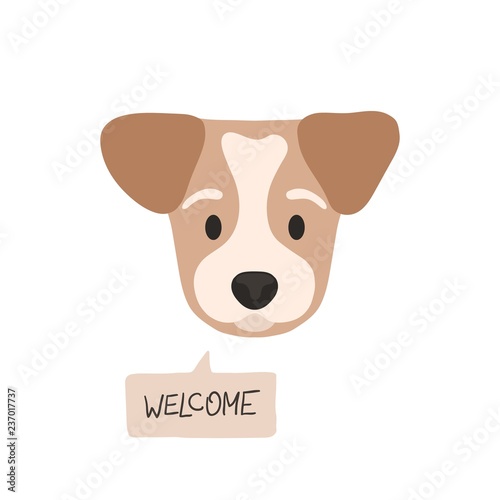 Welcome. Flat style dog head with opened eyes and a speech bubble © Lindarks