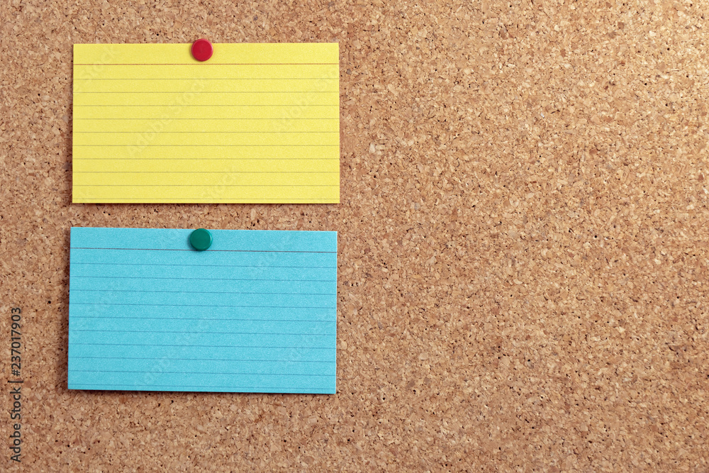 Two Index Cards on Cork Board Two Index Cards on Cork Board