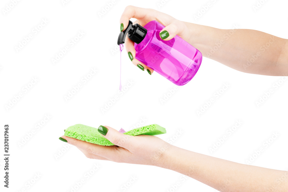 Woman hands with soap and washcloth on white background