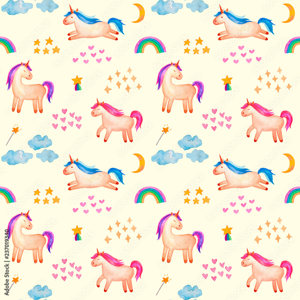 Seamless pattern. Cute watercolor unicorn isolated on yellow background. Beautiful watercolor unicorn illustration. Magic trendy pink cartoon horse perfect for nursery print and poster design.
