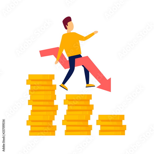 Businessman falls from coins crisis, bankruptcy. Flat style vector illustration.