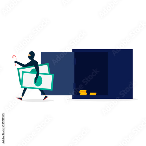 Thief stole money from the safe, theft, robbery. Flat style vector illustration.	