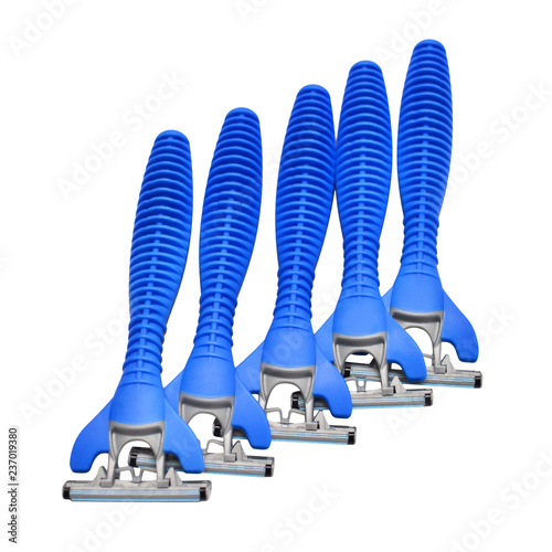 Men's blue group razors isolated on white background. Shave, creative concept. Flat lay, top view