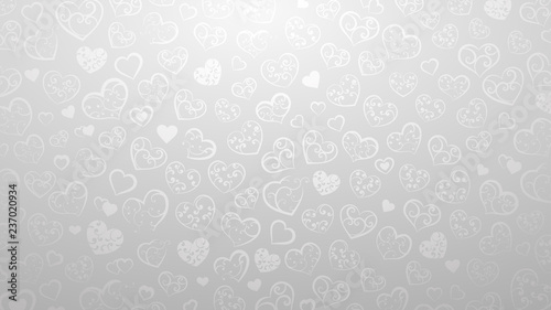 Background of small hearts with ornament of curls, in gray colors