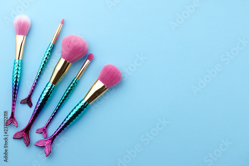 Fish shape glossy make up brushes close up on blue background