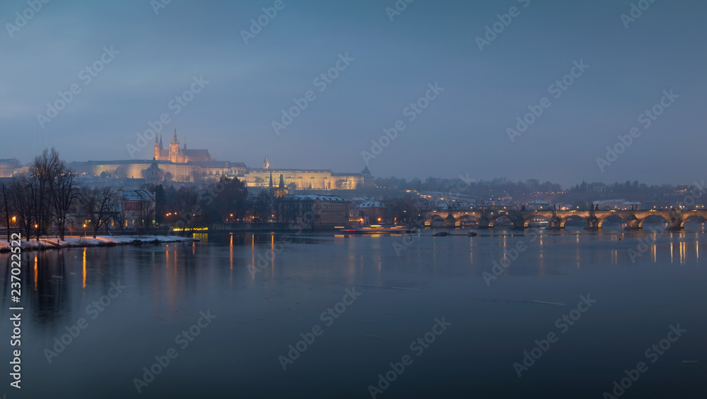 Winter Prague Lesser Town with gothic Castle with Charles Bridge, Czech republic