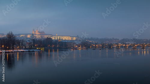 Winter Prague Lesser Town with gothic Castle with Charles Bridge, Czech republic