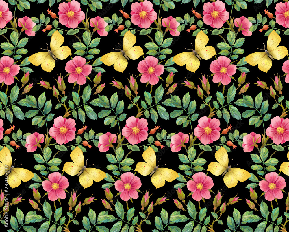 Wild rose and yellow butterfly. Seamless background pattern. Version 2