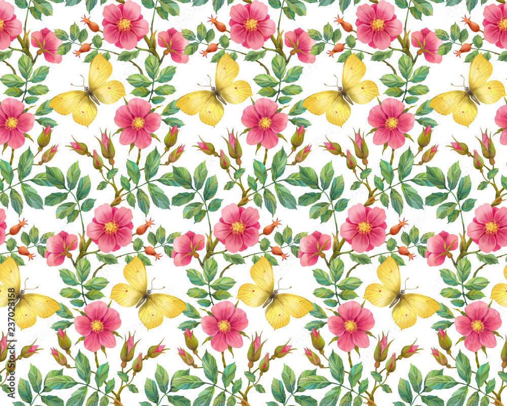 Wild rose and yellow butterfly. Seamless background pattern. Version 1
