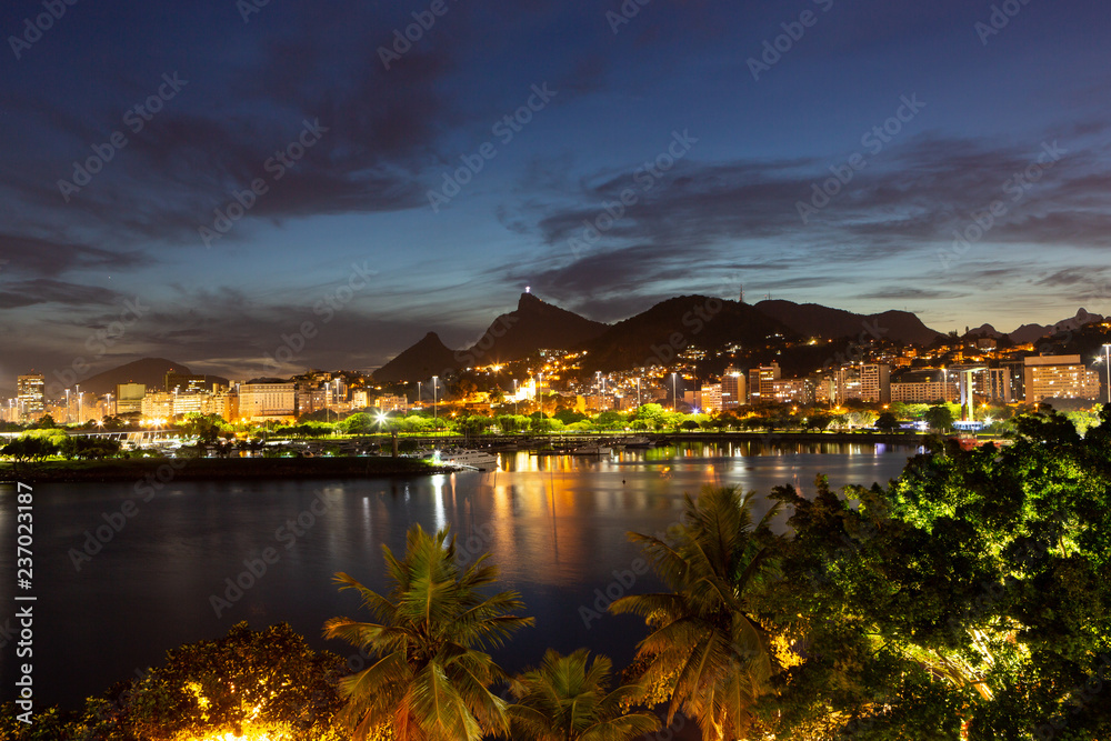 Beautiful panoramic view of the city of Rio de Janeiro with corcovado at dusk.