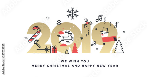 Merry Christmas and Happy New Year 2019 business greeting card. Vector illustration concept for background, party invitation card, website banner, social media banner, marketing material.