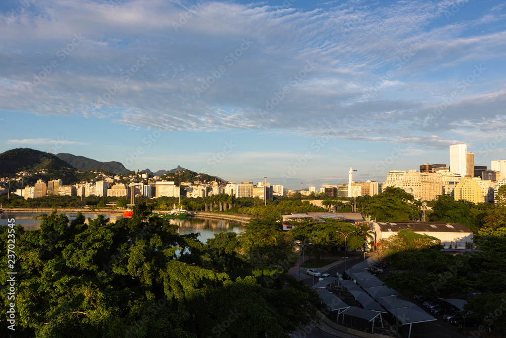 Beautiful panoramic view of the city of Rio de Janeiro at dawn.