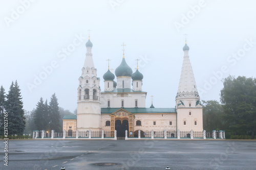 Architecture of Yaroslavl town, Russia. Old orthodox church of Elijah the Prophet at the early morning in the fog. UNESCO World Heritage Site.