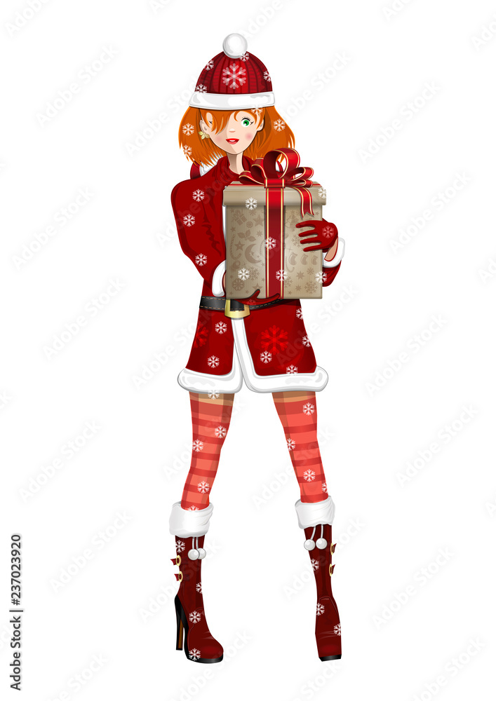 Cute girl in suit Snow Maiden on a snowy winter day. Snow Maiden with a Christmas gift in hand. Vector illustration