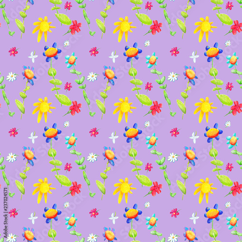 Geschenkpapier, Tapete, Hintergrund, Vorlage nahtloses Muster, seamless pattern Blumen und Sonne auf violett, Illustration von Kathrin Schwertner 