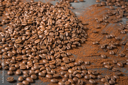Roasted coffee beans on dark background