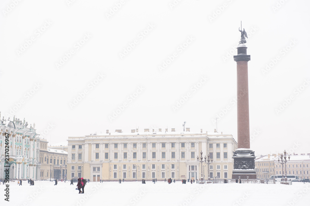 Palace square and Alexander Columnin in winter St. petersburg, Russia